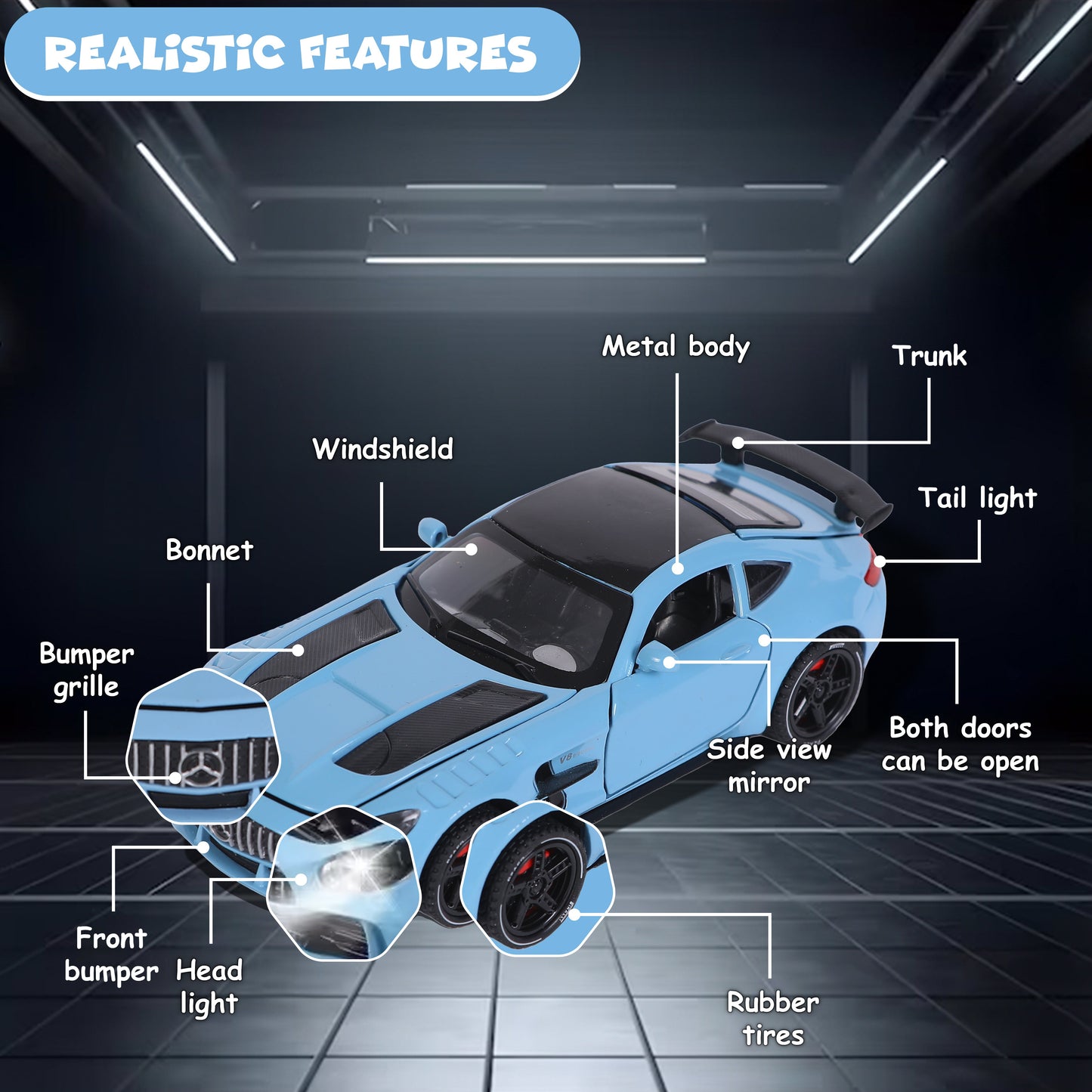 FUNFY Mercedes Benz AMG GT Skalierbares Auto im Maßstab 1:32 | Sortiert | Kunststoff und Metall | Türen, Motorhaube und Heckklappe zum Öffnen mit LED | Musik für ein intensives Spielerlebnis | für Kinder