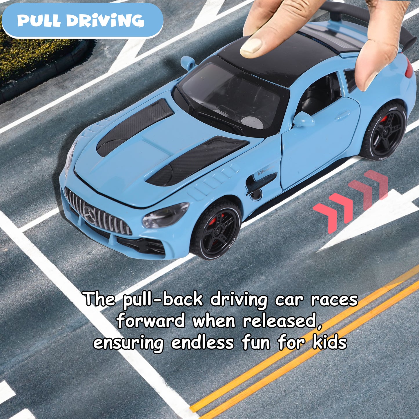 FUNFY Mercedes Benz AMG GT scalable car in 1:32 scale | Assorted | Plastic and metal | Opening doors, hood, and tailgate with LEDs | Music for an immersive play experience | For children