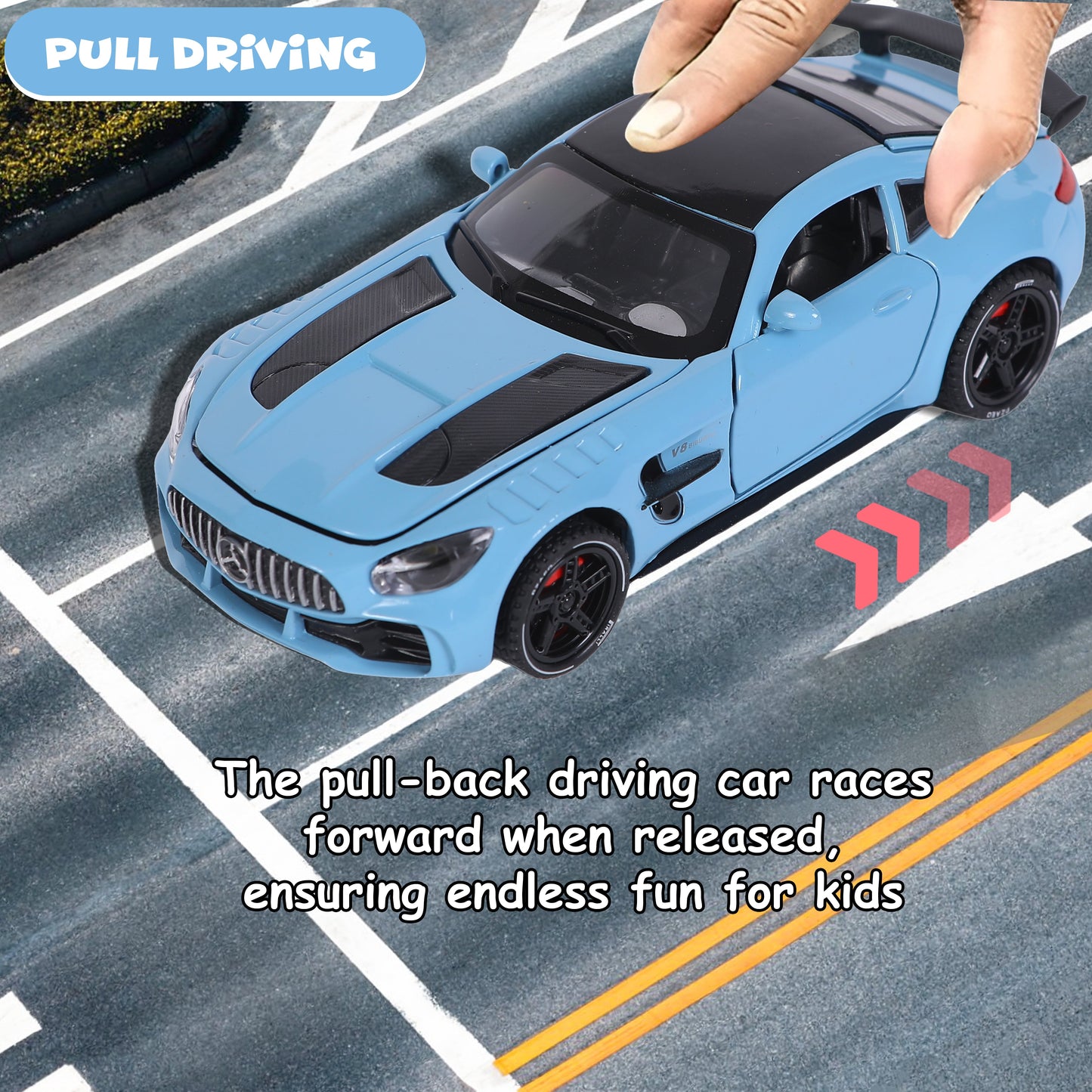 FUNFY Mercedes Benz AMG GT Skalierbares Auto im Maßstab 1:32 | Sortiert | Kunststoff und Metall | Türen, Motorhaube und Heckklappe zum Öffnen mit LED | Musik für ein intensives Spielerlebnis | für Kinder
