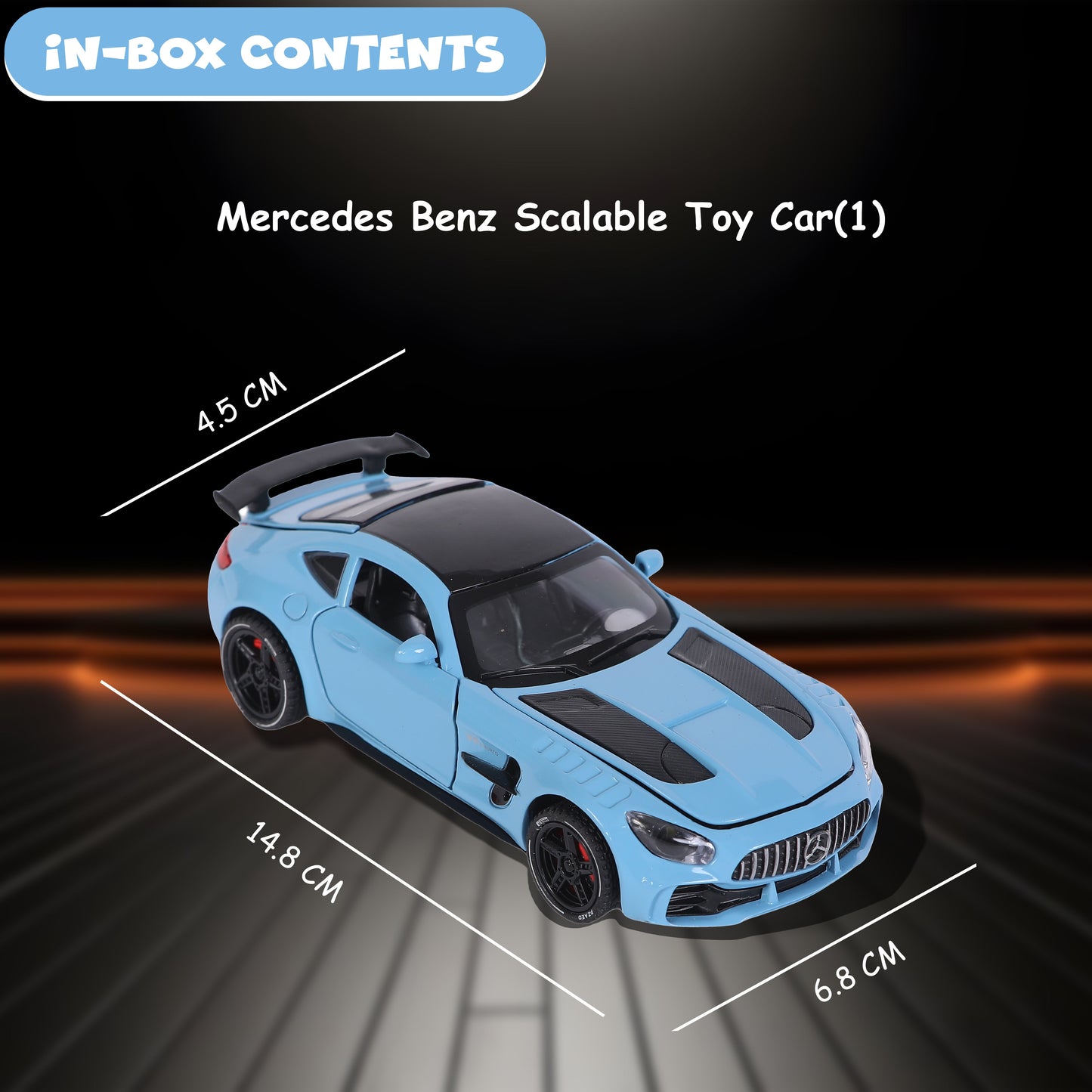 FUNFY Mercedes Benz AMG GT Skalierbares Auto im Maßstab 1:32 | Sortiert | Kunststoff und Metall | Türen, Motorhaube und Heckklappe zum Öffnen mit LED | Musik für ein intensives Spielerlebnis | für Kinder