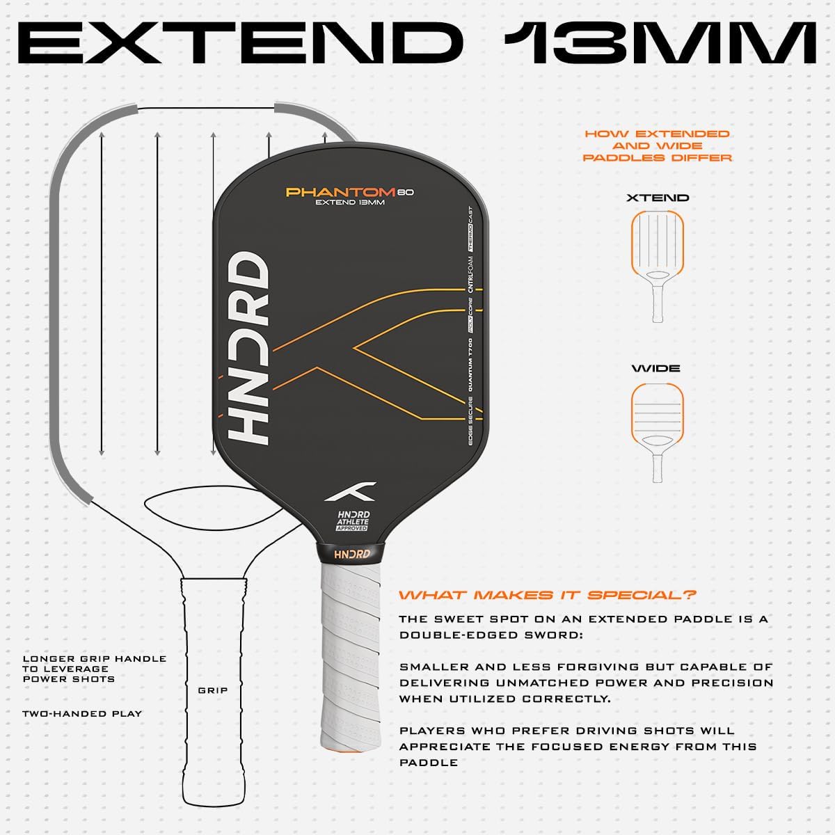 Hundred Phantom 80 EXTEND Pickleball-Schläger | Japanische Rohkarbonfaser | Schwarz/Orange | Optimiert für Kontrolle und Spin | Leichter Schläger mit komfortablem Griff