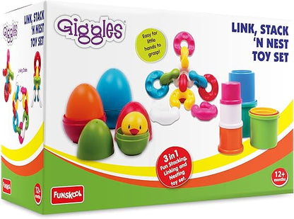 Giggles Funskool Link Stack N Nest, stapelbare und ineinandersteckbare Spielzeugklötze für Kinder, fördert das Lernen und die Entwicklung, lustige Aktivität für Babys, Geschenkset für Kinder ab 6 Monaten