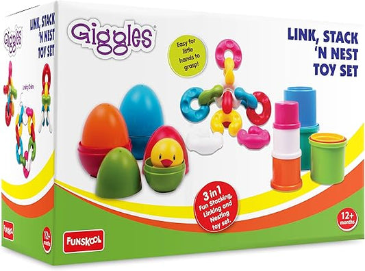 Giggles Funskool Link Stack N Nest, stapelbare und ineinandersteckbare Spielzeugklötze für Kinder, fördert das Lernen und die Entwicklung, lustige Aktivität für Babys, Geschenkset für Kinder ab 6 Monaten