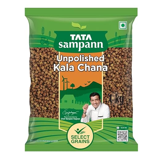 Tata Sampann Kala Chana (schwarze Kichererbsen) 1 kg | Ungeschälte Desi-Kichererbsen | Eiweißreiche Hülsenfrüchte | Reich an Ballaststoffen und Eisen | Ideal für Currys, Salate und gesunde Rezepte