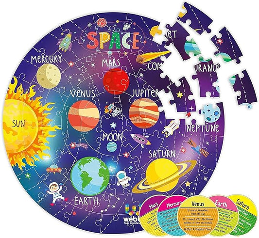 SNUNGPHIR Webby Fantastisches Sonnensystem-Puzzle für den Boden, 60 Teile, mit 4 doppelseitigen Lernkarten
