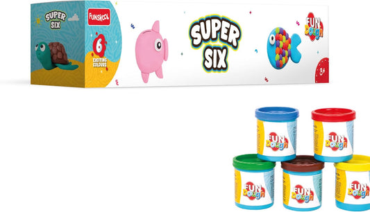 Funskool Fundough Super Six, 6 Dosen Knetmasse, je 50 Gramm, Spielzeug für Kinder, Formen, Modellieren, ab 3 Jahren, mehrfarbig