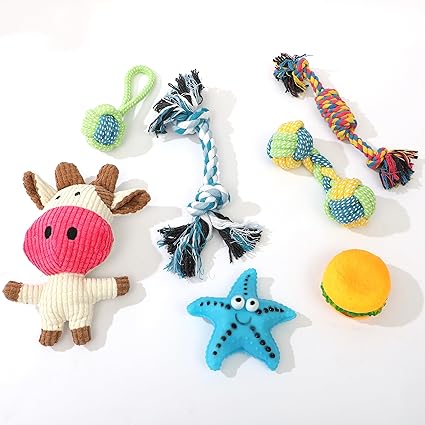 FUNFY 7 Pcs Puppy Kauspielzeug für Hund Zahnen | Hund Kauspielzeug mit Seil Spielzeug, mehrere Treaded Ball Form Seile, Star Fish Toy, Burger und Quietschspielzeug für kleine mittlere Hunde