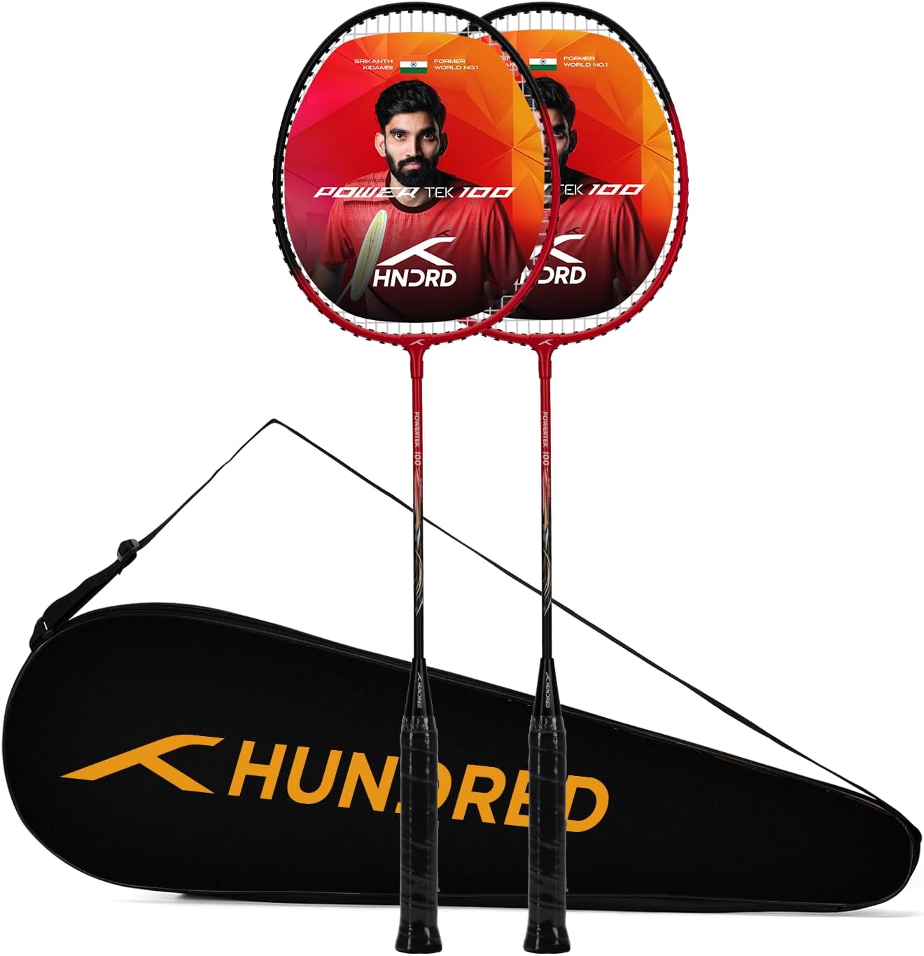 HUNDRED POWERTEK 100 (Set of 2) Badminton Racket with Full Cover (115g, Red/Black)