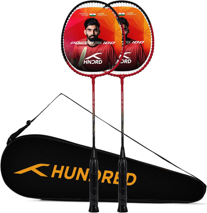 HUNDRED POWERTEK 100 (Set of 2) Badminton Racket with Full Cover (115g, Red/Black)