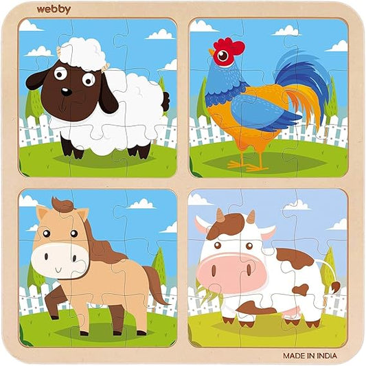 Webby 4-in-1-Holzpuzzle für Kinder Lernpuzzle-Set für Kleinkinder Fördert Gedächtnis, Konzentration, Form- und Farberkennung Umweltfreundliches Holz Sicheres und spannendes Spielzeug für Kinder ab 2 Jahren