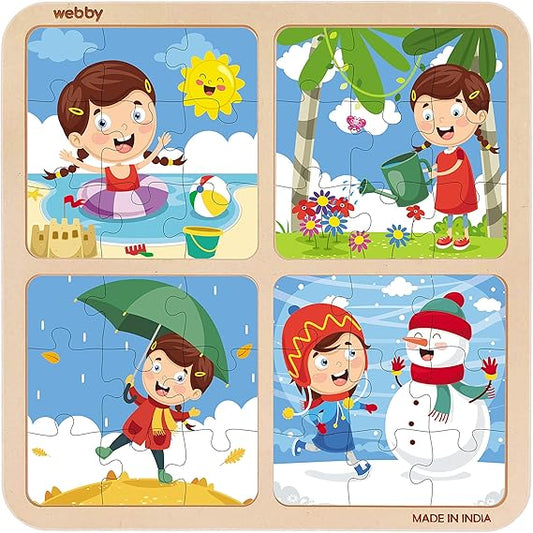 Webby Baby 4-in-1-Holzpuzzle zum Thema Wetter und Jahreszeiten, pädagogisches Puzzle für Kinder ab 2 Jahren, fördert das Gedächtnis, kreatives Denken und die Farberkennung, sicheres, umweltfreundliches Holz, 36 Teile