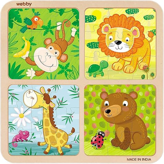 Webby Kid 4-in-1 Wildtiere Holzpuzzle-Spielzeug, 36 Teile, bunte Holzpuzzles für Gedächtnis, kreatives Denken und Farberkennung, perfekt für die visuelle Entwicklung (Kleinkinder ab 3 Jahren)