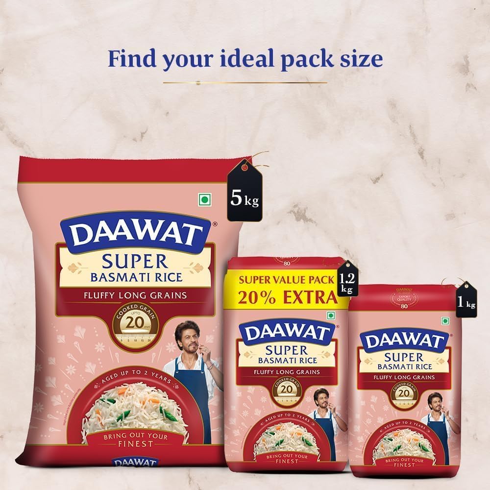 Daawat Super Basmati Reis Locker-körnig und langkörnig | Bis zu 20 mm lange Körner* | Vorteilspackung mit 20% mehr Inhalt
