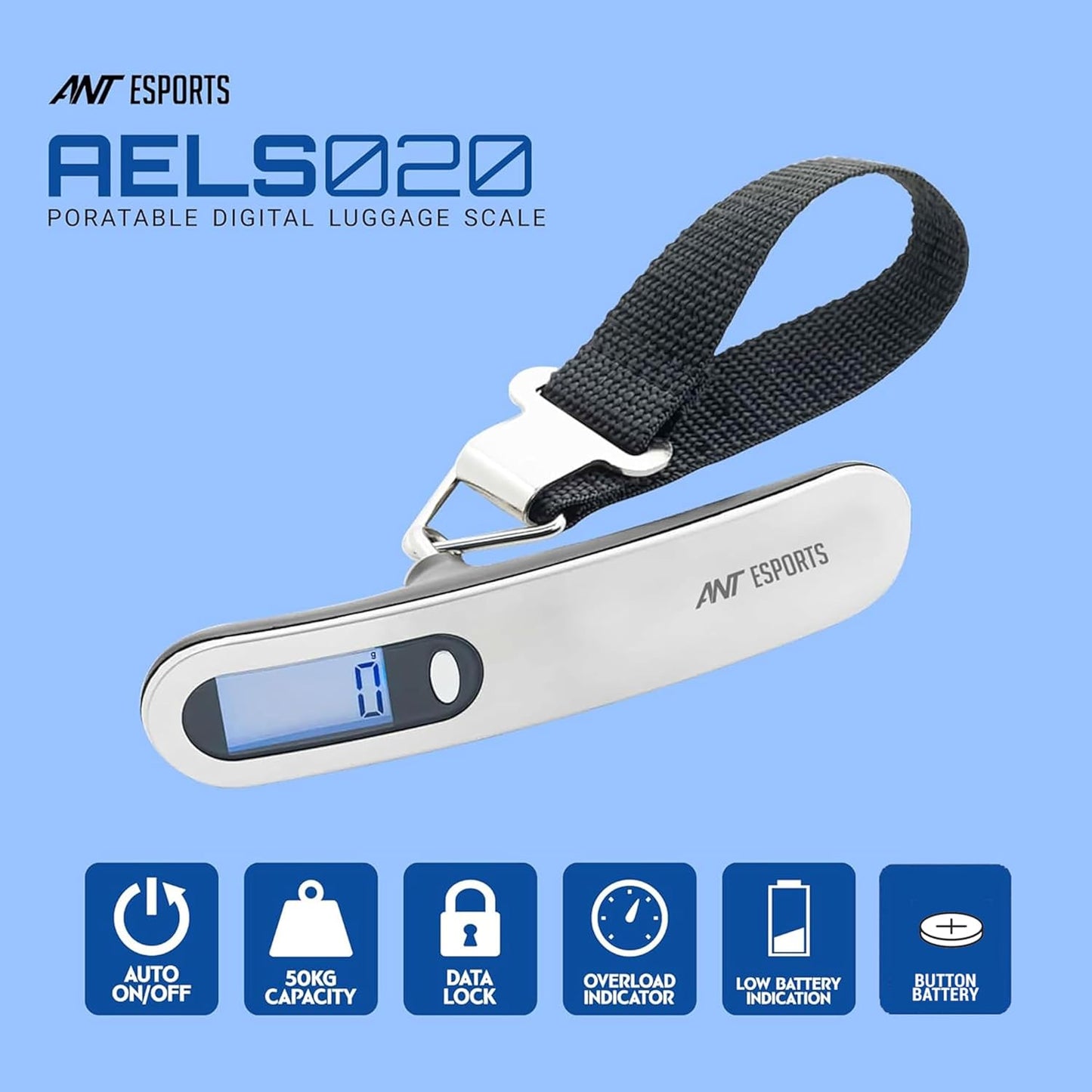 Ant Esports AELS020 Portable Digital Weighing Scale, 50 kg Maximum Capacity, Tare Function, Auto On/Off Feature, Overload Indicator, Low Battery Warning, LED Backlit Display
