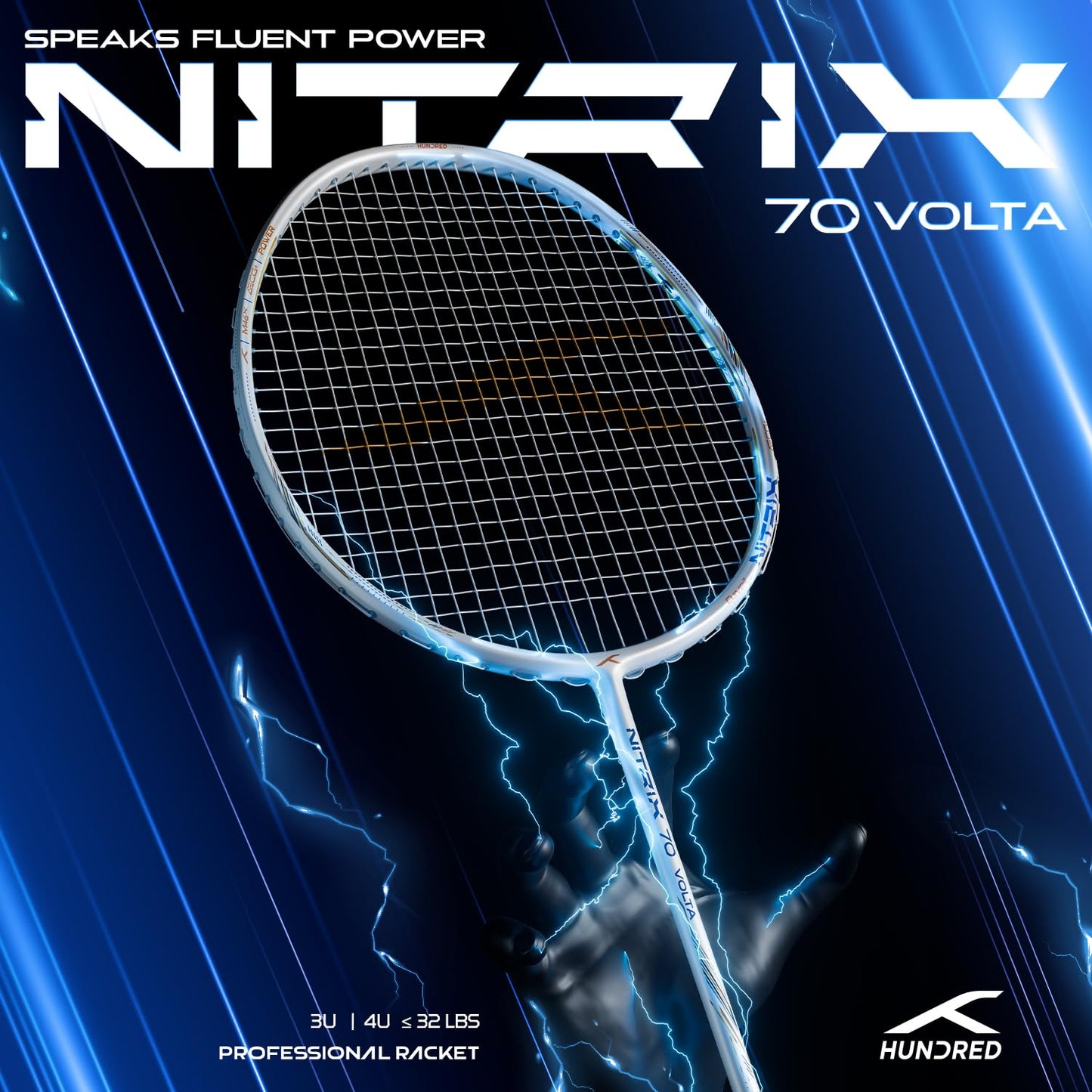 Hundred Nitrix 70 Volta Badmintonschläger mit Vollschutz | ≤32 lbs | Kopfschwer – Kraft und Geschwindigkeit | Hochwertige Carbon-Konstruktion | Aggressive Smashes und schnelle Clears (Weiß/Kupfer)