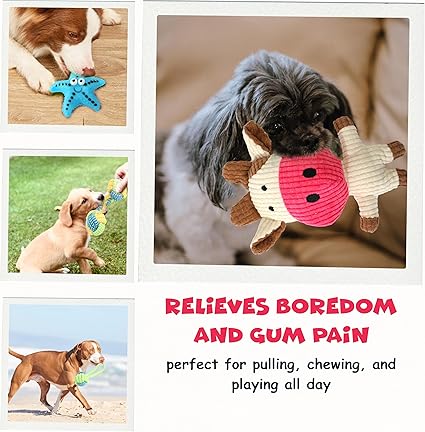 FUNFY 7 Pcs Puppy Kauspielzeug für Hund Zahnen | Hund Kauspielzeug mit Seil Spielzeug, mehrere Treaded Ball Form Seile, Star Fish Toy, Burger und Quietschspielzeug für kleine mittlere Hunde