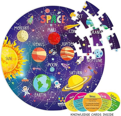 SNUNGPHIR Webby Fantastisches Sonnensystem-Puzzle für den Boden, 60 Teile, mit 4 doppelseitigen Lernkarten