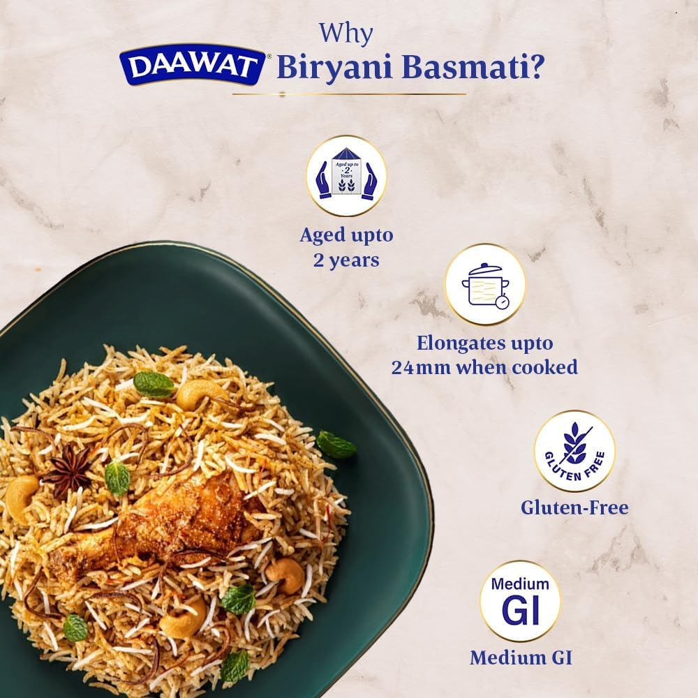 Daawat Biryani Basmatireis | Das längste Reiskorn der Welt dehnt sich um 24 mm aus* | lecker, nicht klebriger und reichhaltiger Duft | natürlich gereift