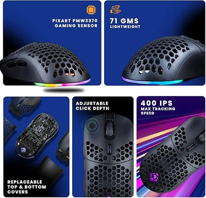 Cosmic Byte Kilonova 3370IC PRO X-Light Wireless Gaming Mouse, 71 Grams Lightweight, Pixart 3370 Sensor, DIY Hot-swappable Switches, 0.8MM PTFE feet (Black)			
