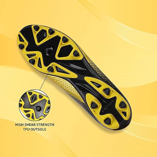 Nivia Ashtang Football Shoes (Black/Gold, 9 UK/ 10 US / 43 EU) | Synthetic Leather | PVC sole | Lace-Fastening | Padded Footbed			