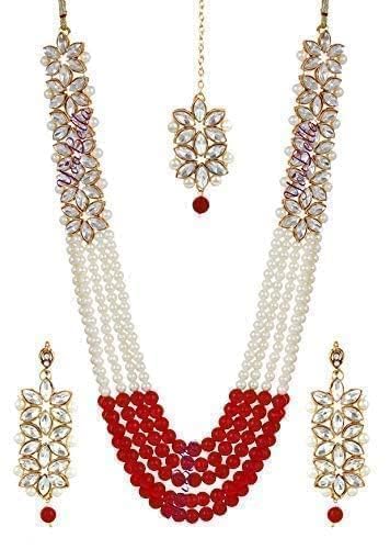 YouBella Hochzeit Braut Halskette Schmuckset | Mit Ohrringen und Stirnschmuck| Vergoldet | Rot und Weiß | Material: Perle, Metall | Modischer Kunstschmuck | Für Frauen und Mädchen