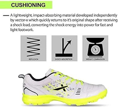 Vector X Blaster-22 Yards Cricket Shoes | Color: White &amp; Green | Size: 4 UK/ 5US/ 38EU | For Men & Boys | Material: Synthetic | High quality rubber outsole with rounded studs