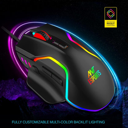 Ant Esports GM320 RGB Optische kabelgebundene Gaming-Maus | Beidhändig nutzbares Design | 8 programmierbare Tasten | Einstellbare DPI bis zu 12800 | RGB-Beleuchtung | Schnellfeuer-Taste