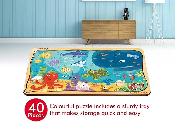 Webby Kids Unterwasser-Tiere Puzzle | 40 Teile | Lernpuzzle aus Holz für 3- bis 6-Jährige | Fördert Konzentration und Problemlösungsfähigkeiten | Inklusive Holzschale zur einfachen Aufbewahrung
