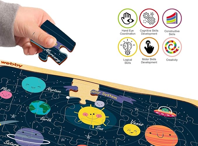 Webby Outer Space Solar System Wooden Jigsaw Puzzle | 40 Pieces | Educational Puzzle for 3-6 Years | Enhances Problem Solving & Matching Skills | Includes Wooden Tray for Easy Storage
