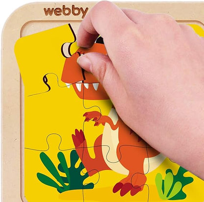 Webby 4-in-1-Dinosaurier-Holzpuzzle für Kleinkinder, pädagogisches Puzzle für Kinder ab 2 Jahren, fördert das Gedächtnis, kreatives Denken und die Farberkennung, sicheres, umweltfreundliches Holz, 36 Teile