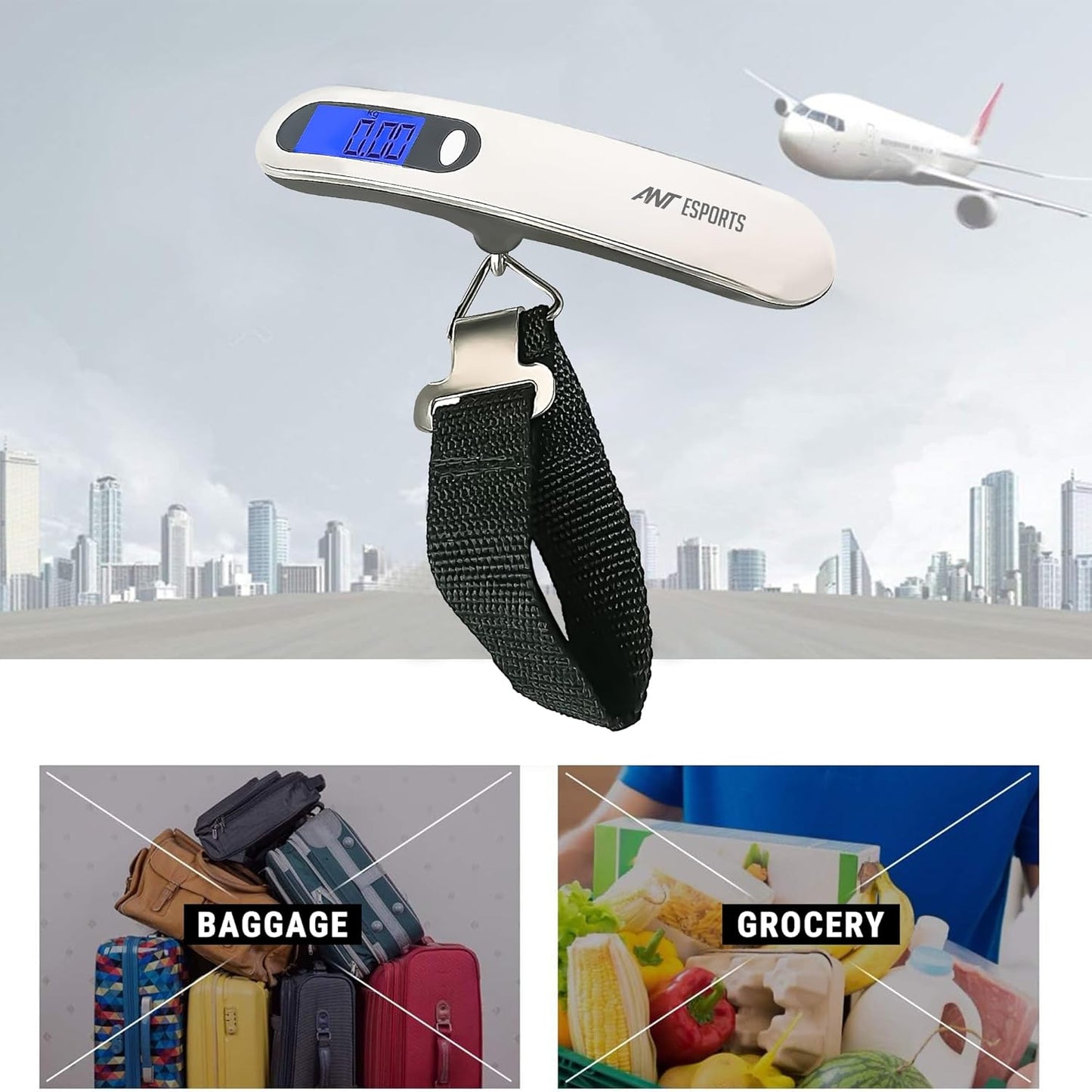 Ant Esports AELS020 Portable Digital Weighing Scale, 50 kg Maximum Capacity, Tare Function, Auto On/Off Feature, Overload Indicator, Low Battery Warning, LED Backlit Display
