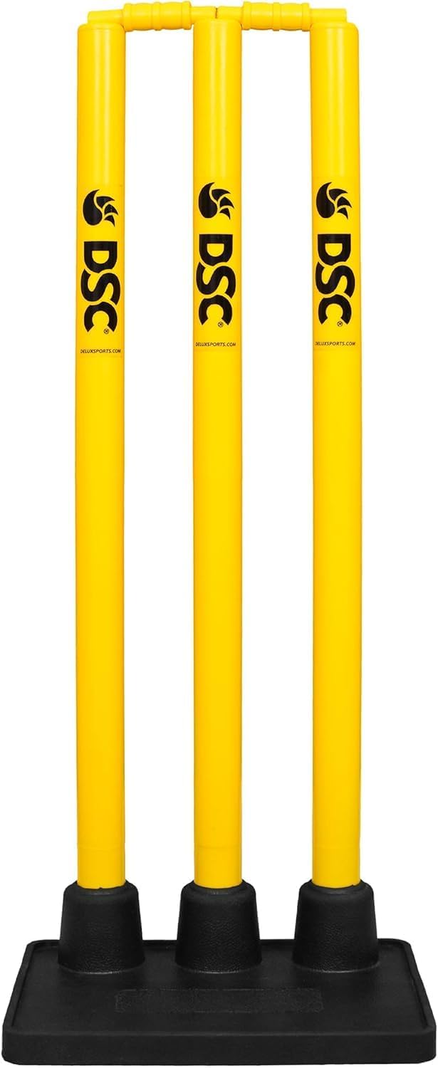 DSC PLASTIC STUMPS SET WITH RUBBER BASE (3 Stumps, 2 Bails ; 1 Base) CRICKET STUMPS SET - MENS-2024