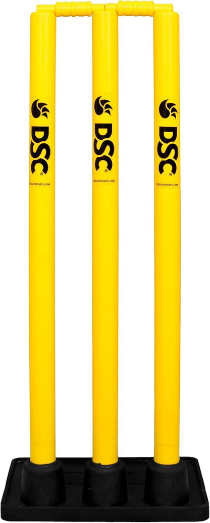 DSC PLASTIC STUMPS SET WITH RUBBER BASE (3 Stumps, 2 Bails ; 1 Base) CRICKET STUMPS SET - MENS-2024