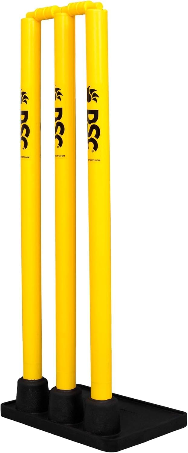 DSC PLASTIC STUMPS SET WITH RUBBER BASE (3 Stumps, 2 Bails ; 1 Base) CRICKET STUMPS SET - MENS-2024