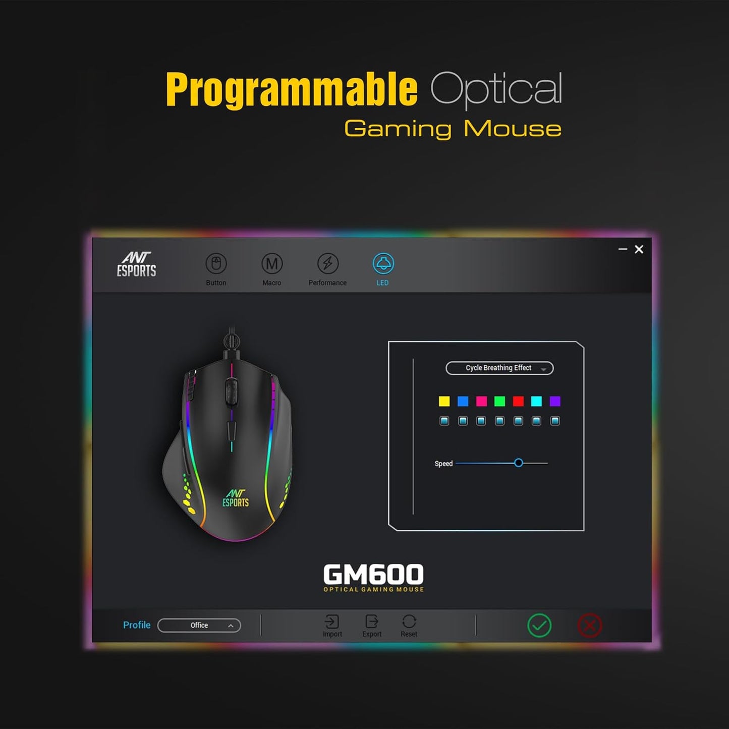 Ant Esports GM600 RGB Wired Programmable Gaming Mouse 7200 DPI Optical Sensor HUANO Mouse Switches 7-Button Design with Macros Support
