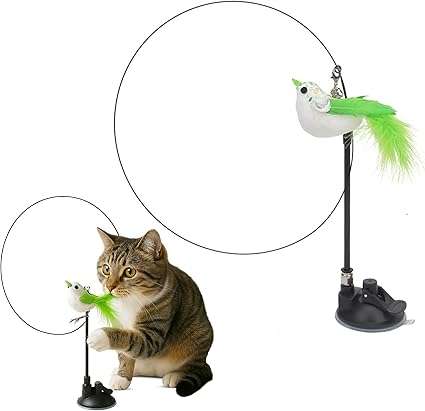 Funfy Cat Wand Toy, Interaktive Katze Feder Spielzeug mit Vogel für Indoor-Selbst-Spiel & Übung | 2 Spielmodi Kätzchen Teaser Wand mit grüner Farbe Vogel, wiederverwendbare Saugnapf Kätzchen Spielzeug