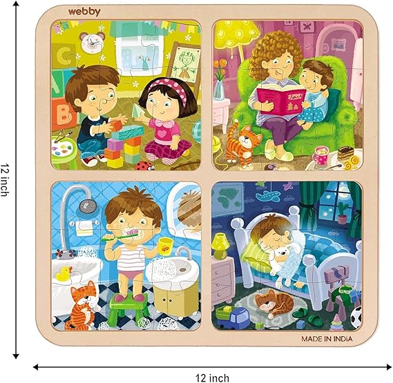 Webby 4 in 1 Everyday Life Wooden Puzzle Toy, 36 Pieces, Educational Puzzle Set for Toddlers, Develops Patience, Imagination, Colour Recognition & Hand-Eye Coordination, Safe, Eco-Friendly Wood
