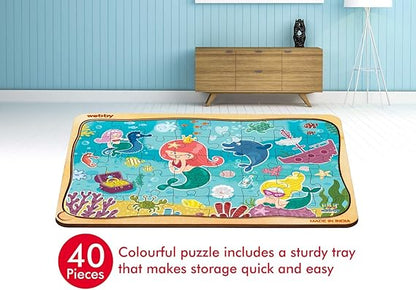 Webby Niedliches Meerjungfrauen-Holzpuzzle | 40 Teile | Lernpuzzle für Kinder von 3 bis 6 Jahren | Fördert die Konzentration und die Fähigkeit zum Lösen von Problemen | Inklusive Holzschale zur einfachen Aufbewahrung