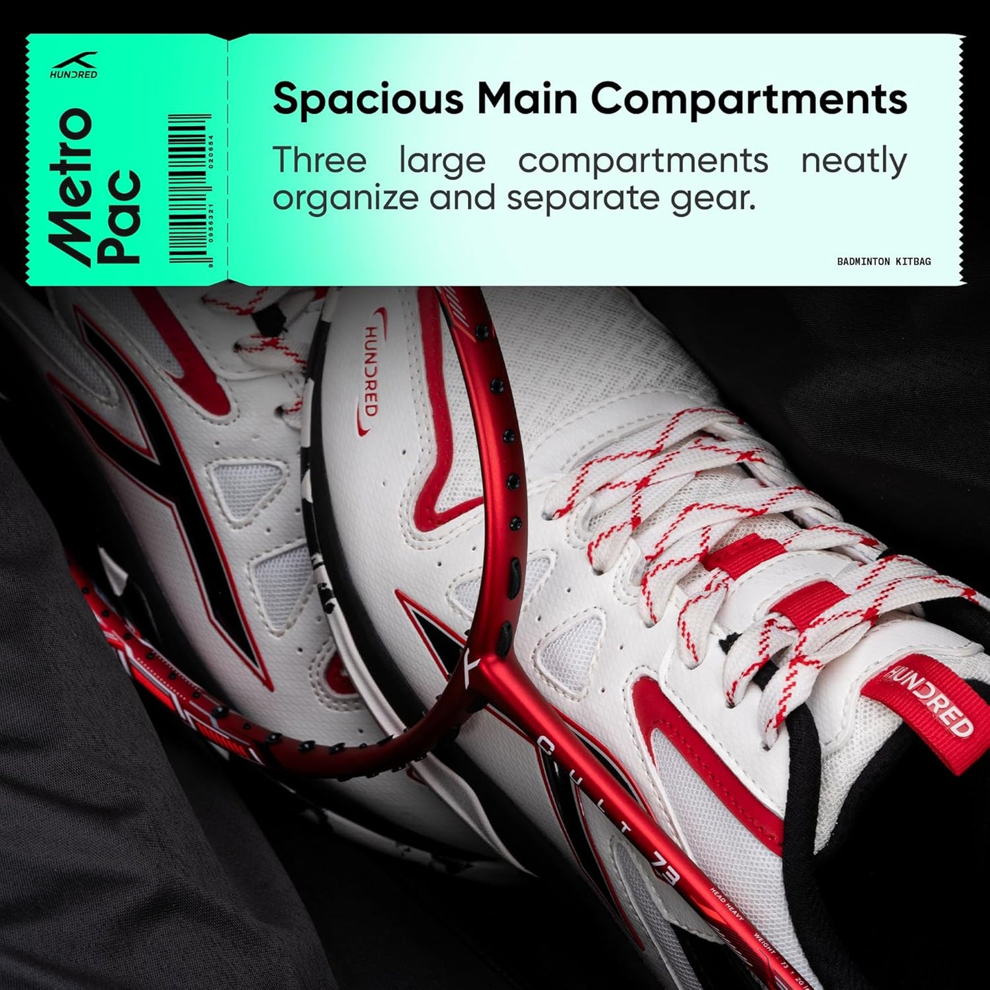 HUNDRED Metro Pack Badminton-Tasche, Unisex, 3 geräumige Fächer, doppelter Reißverschluss, Größe L