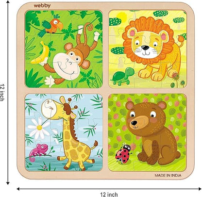 Webby Kid 4-in-1 Wildtiere Holzpuzzle-Spielzeug, 36 Teile, bunte Holzpuzzles für Gedächtnis, kreatives Denken und Farberkennung, perfekt für die visuelle Entwicklung (Kleinkinder ab 3 Jahren)