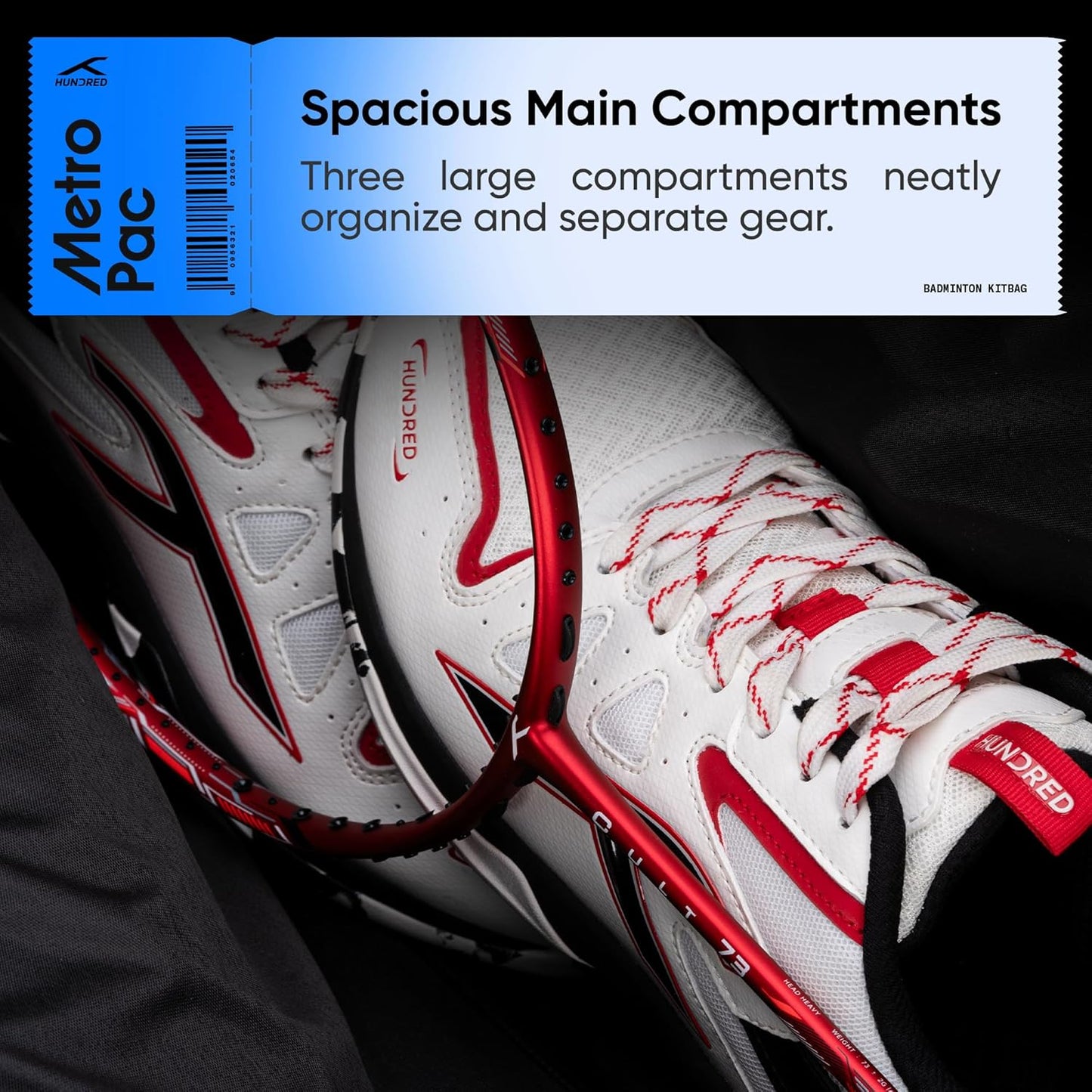 HUNDRED Metro Pack Badminton-Tasche, Unisex, 3 geräumige Fächer, doppelter Reißverschluss, Größe L