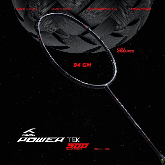 HUNDRED POWERTEK 900 Badmintonschläger mit Hülle (SCHWARZ/ROT, Größe: Standard, Griffgröße: 3 1/4 Zoll ) | Powertek 900 Serie | Besaitung | Material: Full Graphite | Für Fortgeschrittene Spieler | Gewicht: 84 Gramm | Maximale Saitenspannung - 26lbs