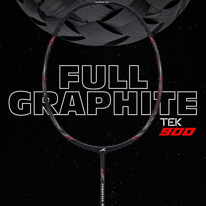 HUNDRED POWERTEK 900 Badmintonschläger mit Hülle (SCHWARZ/ROT, Größe: Standard, Griffgröße: 3 1/4 Zoll ) | Powertek 900 Serie | Besaitung | Material: Full Graphite | Für Fortgeschrittene Spieler | Gewicht: 84 Gramm | Maximale Saitenspannung - 26lbs