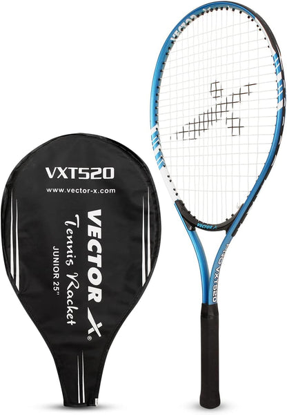 Vector X VXT-520 Strung Junior Tennis Racket | Color: Blue | Size: 23 inches | Material: Alloy steel, aluminum | with 3/4 cover | Grip size: 3 3/4 inches | Heavy construction | Shock absorption effect | Head shape: Oval shape