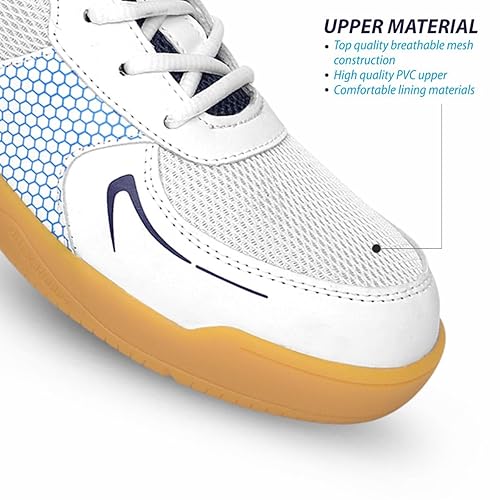 DSC Akido Badminton Shoes | Color: White, Navy &amp; Crepe For Men &amp; Boys | Material: Leather | Natural Crepe Rubber Non Marking Outsole | Breathable Mesh