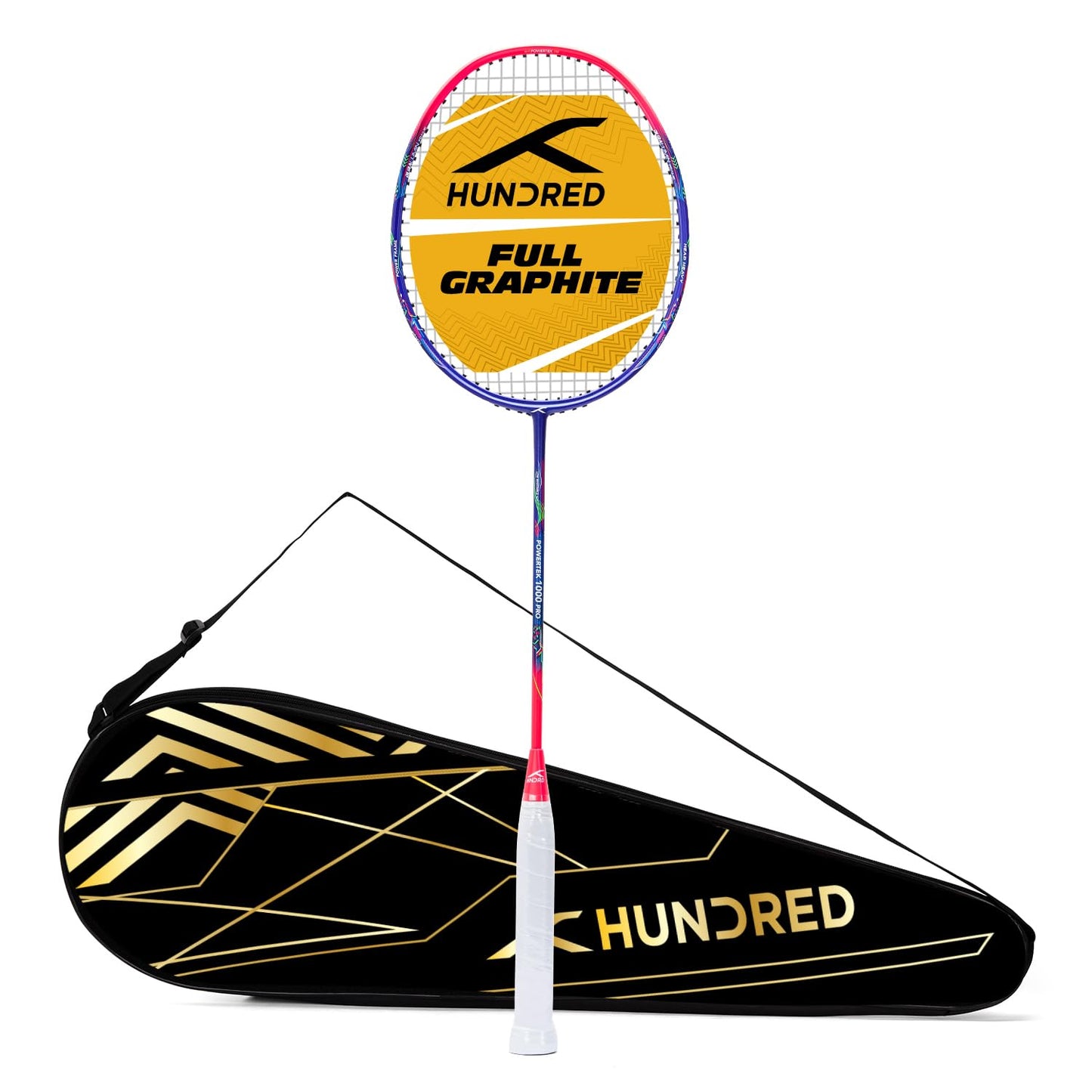 HUNDRED Powertek 1000 PRO Graphit bespannter Badmintonschläger mit kompletter Schlägerhülle | Für fortgeschrittene Spieler | 95 Gramm | Maximale Saitenspannung - 26lbs