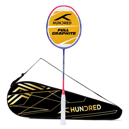HUNDRED Powertek 1000 PRO Graphit bespannter Badmintonschläger mit kompletter Schlägerhülle | Für fortgeschrittene Spieler | 95 Gramm | Maximale Saitenspannung - 26lbs
