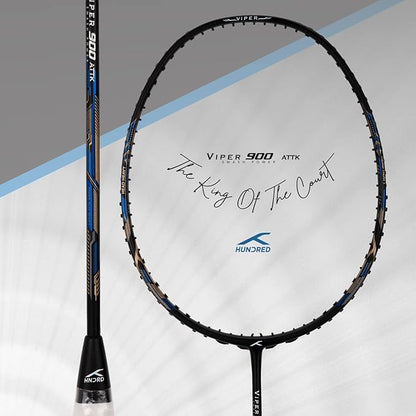 HUNDRED Viper 900 Carbon Fibre Strung Badminton Racket mit Full Racket Cover | Für Fortgeschrittene Spieler | 79 Gramm | Maximale Saitenspannung - 32lbs