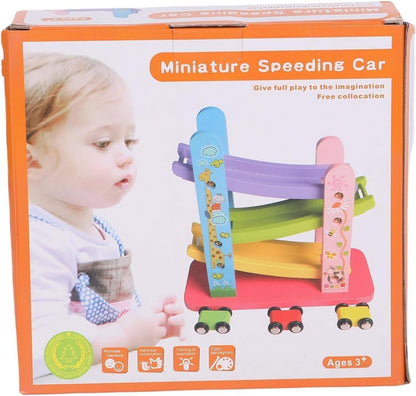 FUNFY Wooden Race Track Game with 3 Mini Cars | Multicolored | Material: Wood | Montessori Table Toy for Developing Creativity | Vibrant Design, for Children