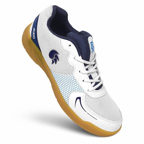 DSC Akido Badminton Shoes | Color: White, Navy &amp; Crepe For Men &amp; Boys | Material: Leather | Natural Crepe Rubber Non Marking Outsole | Breathable Mesh